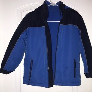 ROEBUCK&CO Jacket Boy size 8 Blue Black Full Zip Wrists HoodedCoat Outdoor Solid